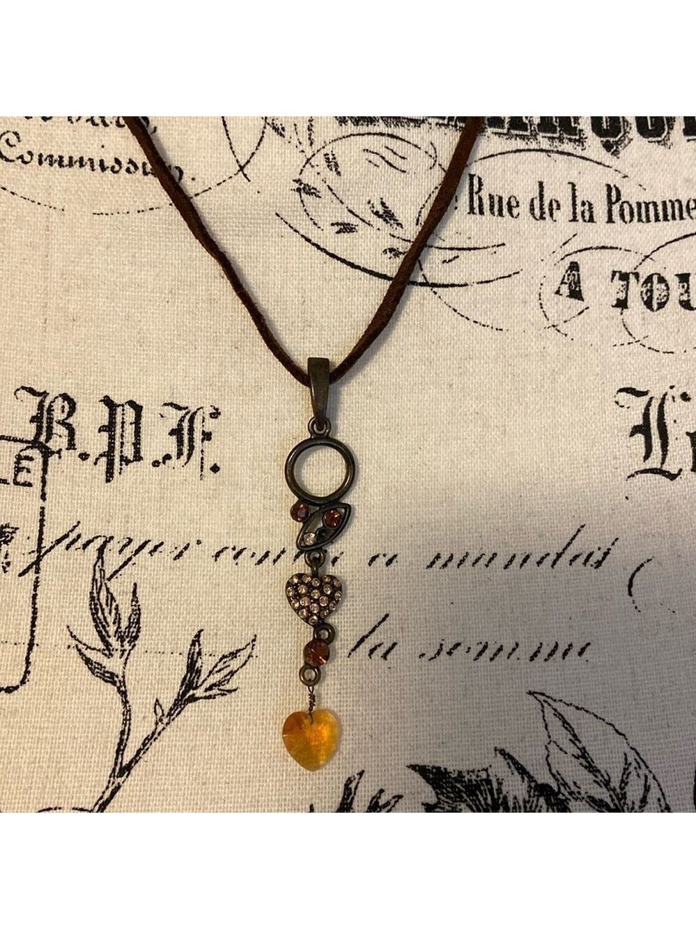 Lia Sophia Necklace Bronze Crystal Dangly Heart Leather Cord Brown 16”